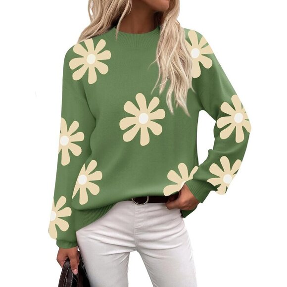 Sweaters - Zeagoo Women's Green-flower Long Sleeve Pullover Ribbed Knitted Pattern Sweater